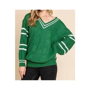 NEW VANILLA BAY women's v neck striped border knit sweater in green